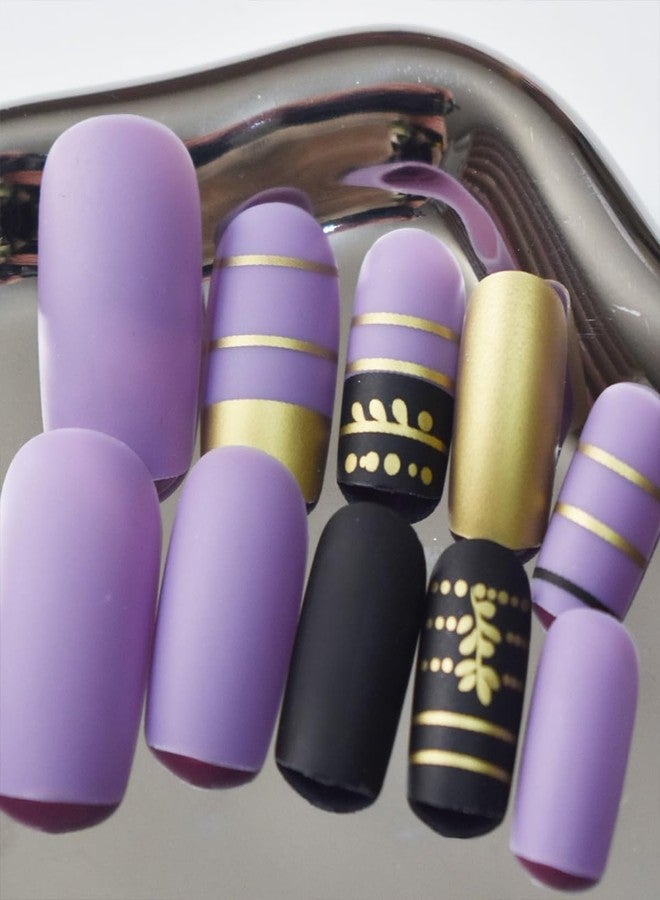 HJKDSFD Short Square Press on Nails Purple Black Fake Nails Gold Foil Lines Design Glue on Nail Cute Matte Acrylic False Nails Reusable Full Cover Artificial Nails for Women Girls 24Pcs - Image 2